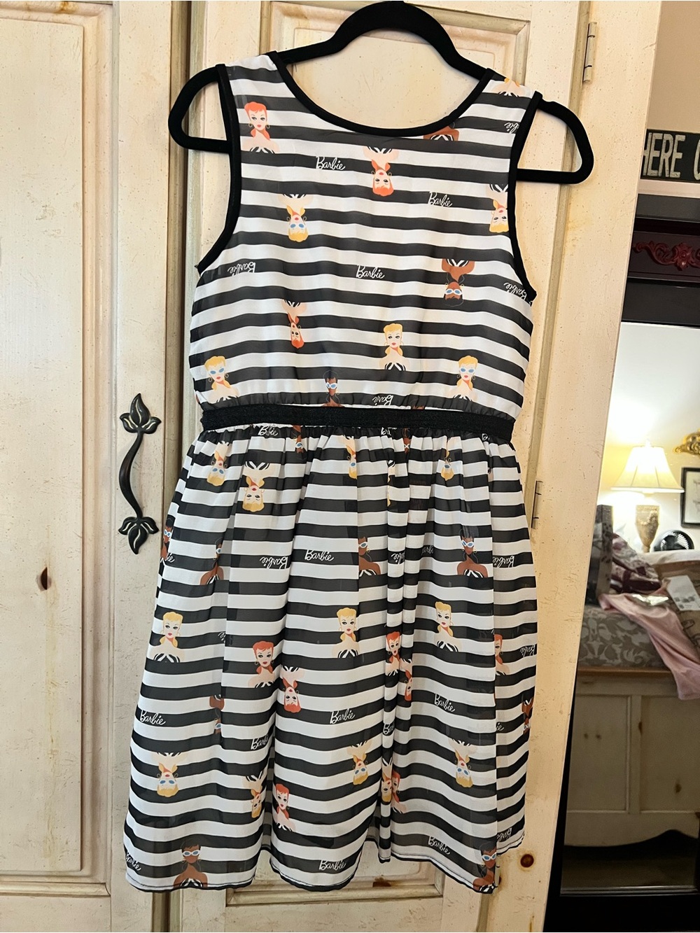 Vintage Barbie Black & White Striped Sleeveless Dress with Character Motifs